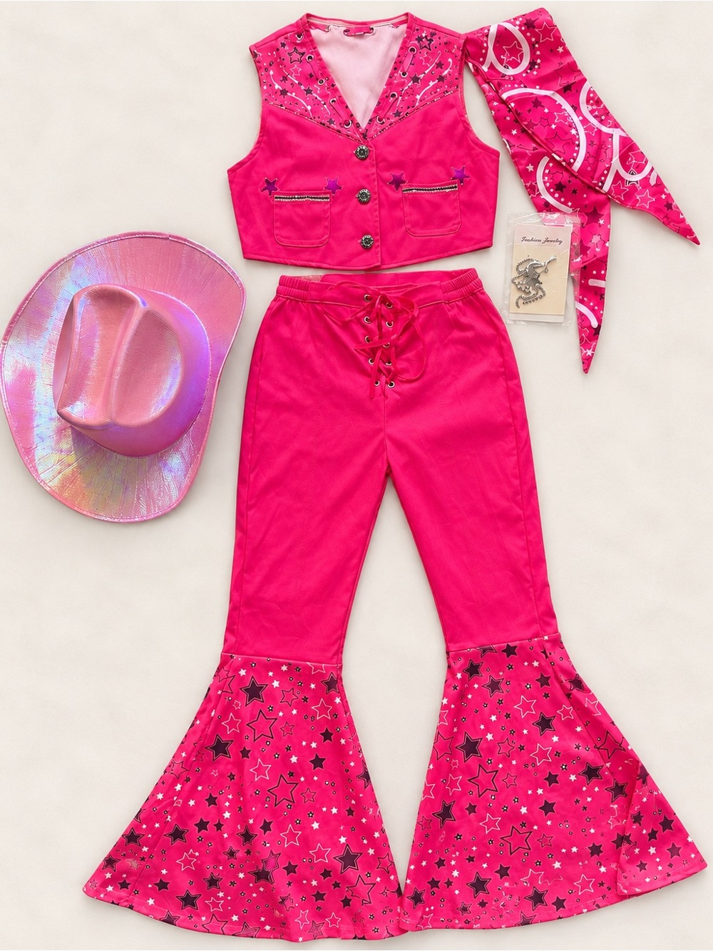 Youth Girls Barbie Costume / Pink Star Cowgirl Costume Set - Pink Western Barbie